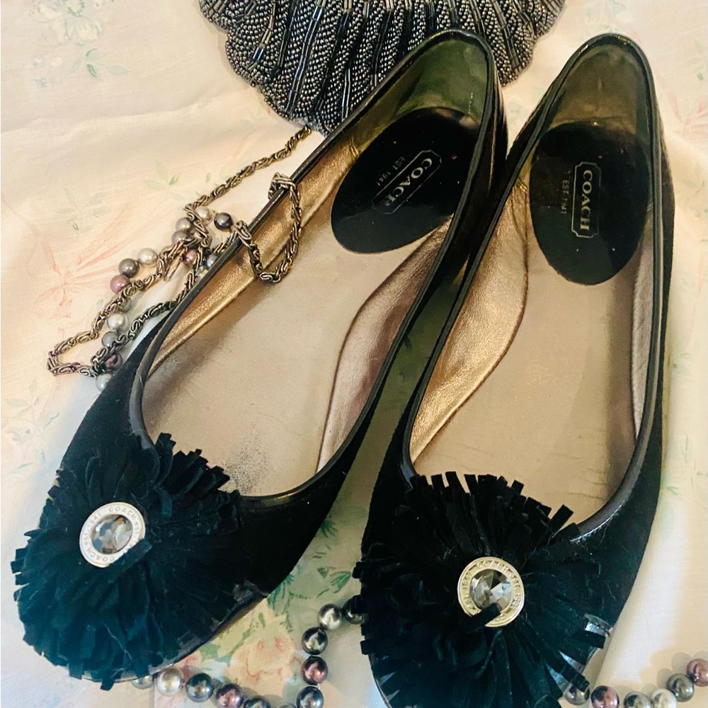 Coach Black Flats with Crystal Accents and tassels w/original box